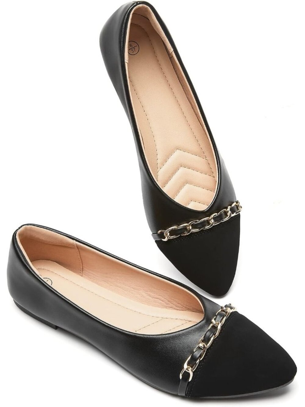 Women's Black Faux Suede Leather Pointed Toe Chain Buckle Flat Comfortable Shoes